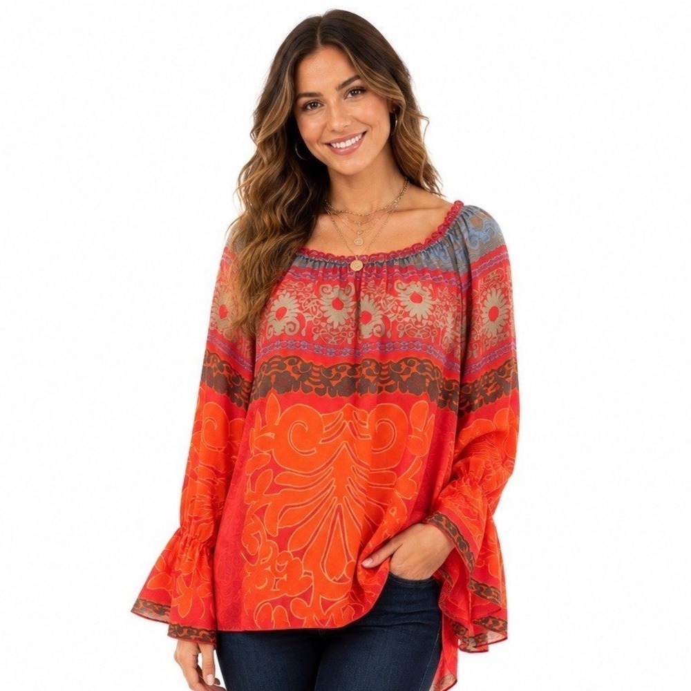 Hale Bob Women's Oversized Peasant Blouse Bell Sleeve 100% Silk Tunic Top Sz XS